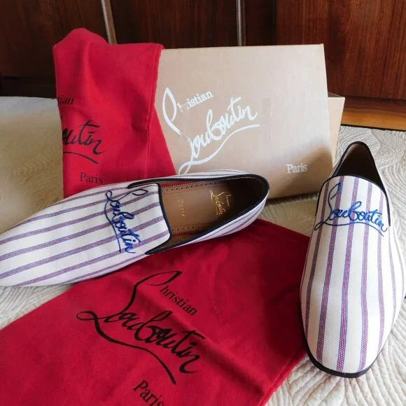 NIB Louboutin Dandelion slip on embroidered loafer Pic Nic stripe toile flat 43 - Picture 2 of 16